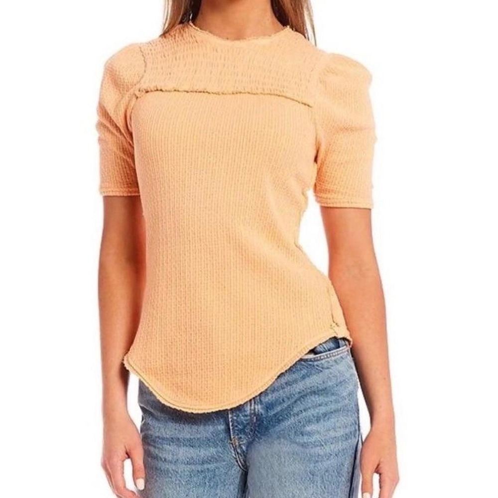 Free People Red Delicious Peach Waffle Knit Smocked Thermal Top‎ Women's Medium